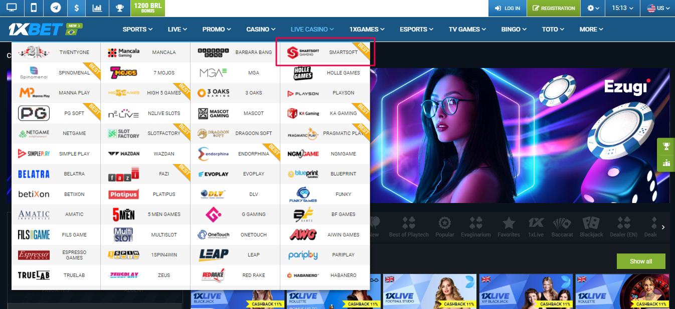 1xbet main page with cassino section' options
