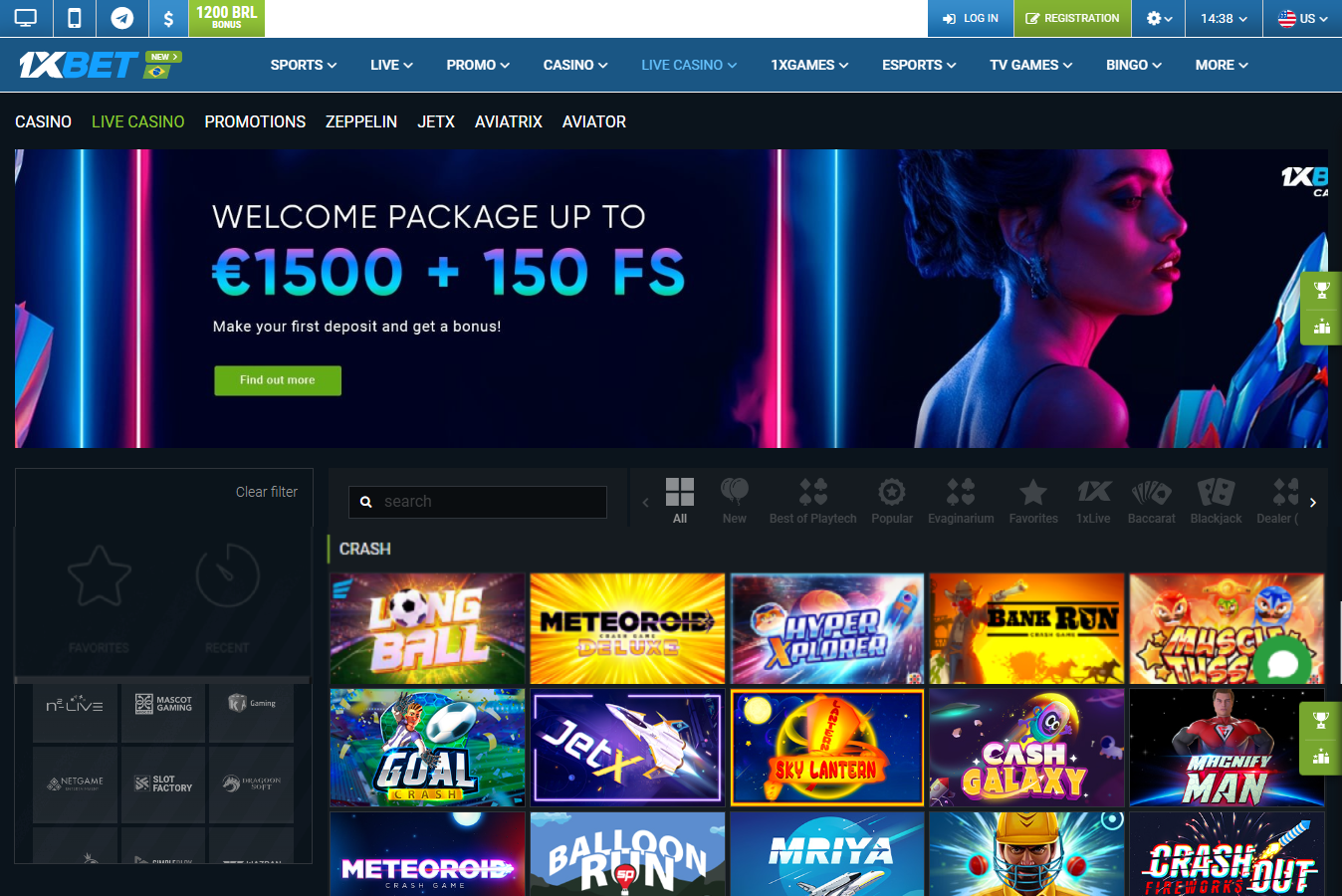 1xbet home page with advertising offer Welcome package and games library