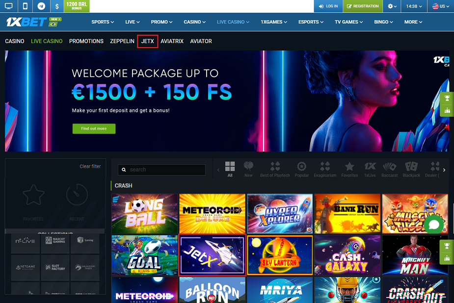 1xbet games lobby with JetX and advertising offer Welcome package