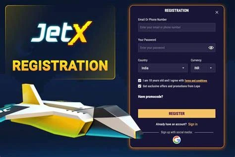 JetX registration screen showing account fields, currency selection, and the Register button