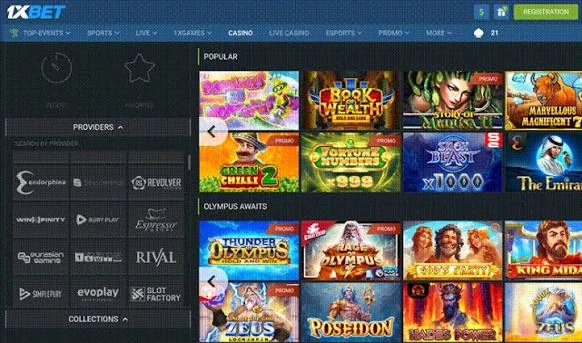 1xBet casino overview showing game providers, popular slots, and the platform interface