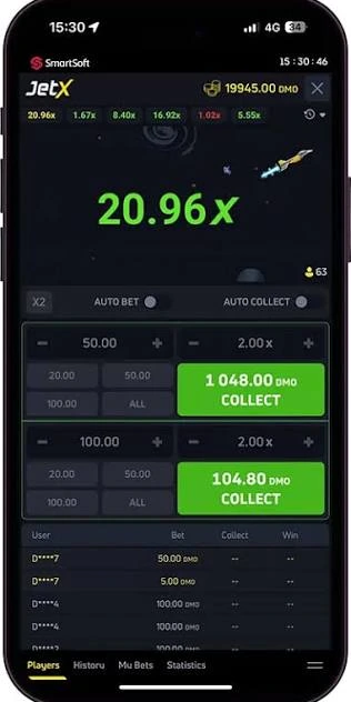 Interface da demonstração do JetX em um smartphone mostrando o multiplicador, o saldo virtual e os controles de Collect