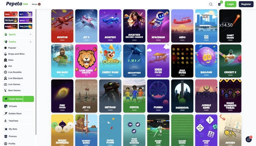 Seção de jogos crash do cassino Pepeta mostrando o JetX entre os jogos disponíveis na plataforma
