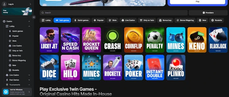 1win bonuses page showing casino games and promotional offers for JetX players