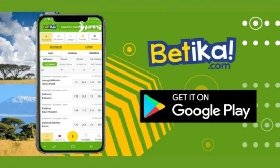 Promoção do aplicativo móvel da Betika mostrando a interface de apostas e a opção de download no Google Play