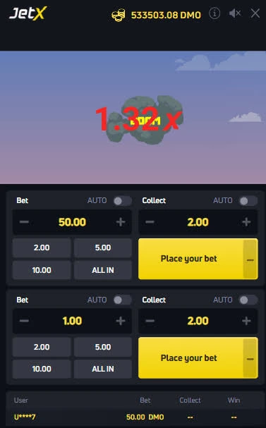 Interface do JetX mostrando o multiplicador, valores de aposta, configurações de coleta automática e controles de aposta amarelos