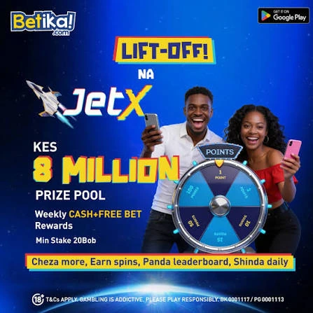 Promoção móvel do Betika JetX mostrando jogadores, roleta de prêmios e disponibilidade no Google Play