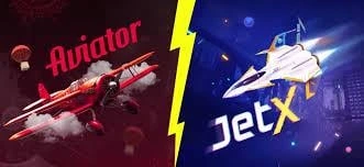 Jogos crash Aviator e JetX lado a lado com gráficos de aeronaves diferentes