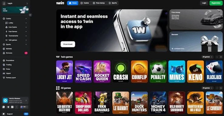 1win casino overview page showing platform interface, games menu, and featured titles